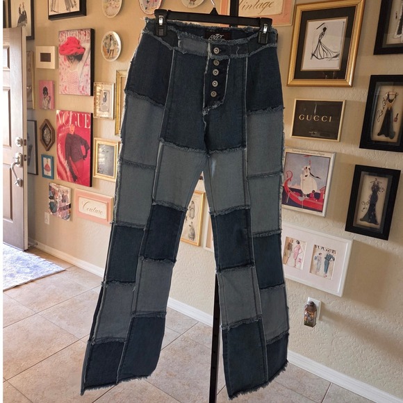 Lazer Jeans Patchwork Wide Leg Denim Pants Blue Y2K Frayed Raw Hem Size 11 - Picture 2 of 5